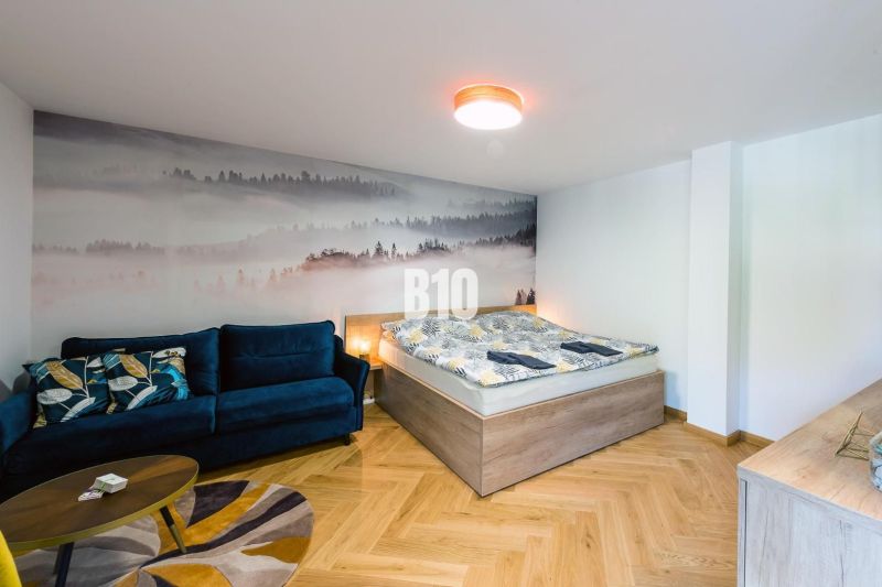 Rekreációs apartman kanapéval, ággyal és fa dekorációjú padlóval.