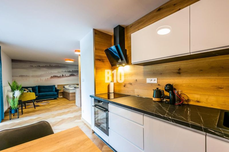 Konyha fa dekorral, kanapéval és művészi fallal a Nyaraló apartmanban.