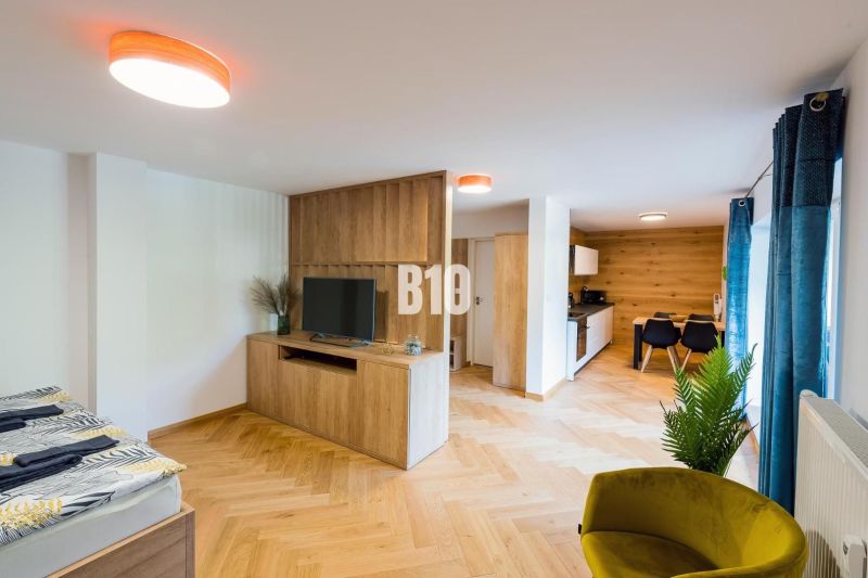 Nyaraló apartman belső tere fa dekor padlóval, televízióval és konyhasarokkal.