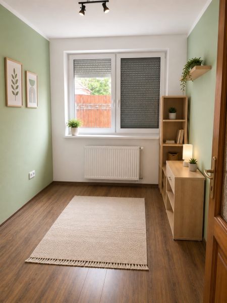 Szoba fa dekorációval, szőnyeggel és növényekkel egy családi házban.