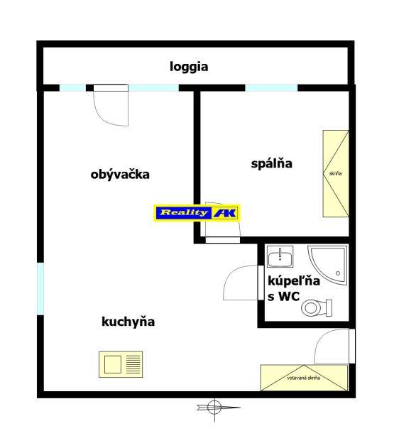 2 szobás lakás alaprajza loggiával, nappalival, konyhával és fürdőszobával WC-vel.