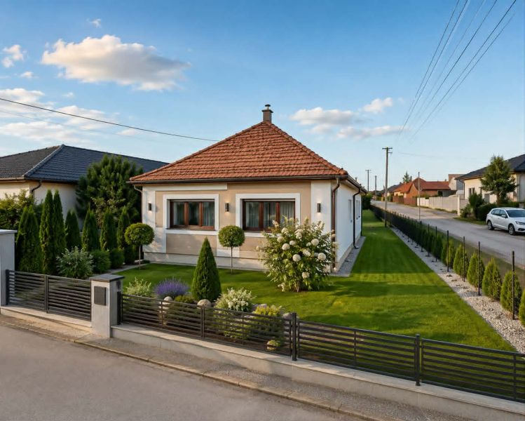Családi ház a Dvorčanská utcában, Dolné Krškany-ban, gondozott kerttel és pavilonnal.