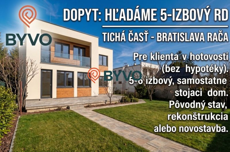 Családi ház Pozsony-Rača városrészben, fa dekorációjú homlokzattal és rendezett kerttel.