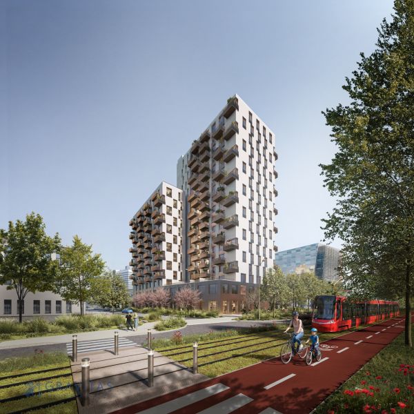 Új építésű erkélyes ház, kerékpáros és villamos a pozsonyi Mlynské Nivy-n, Ružinovban.