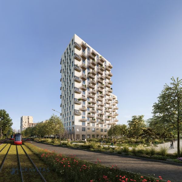 Modern lakásépítés a pozsonyi Ružinovban, a Malomligeteknél, a villamospálya mellett.