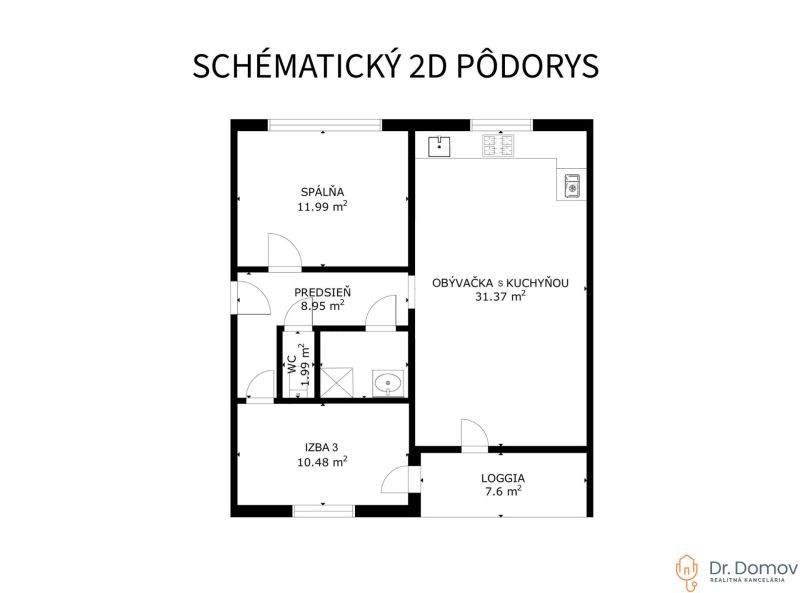 3 szobás lakás alaprajza hálószobával, nappalival konyhával és loggiával.