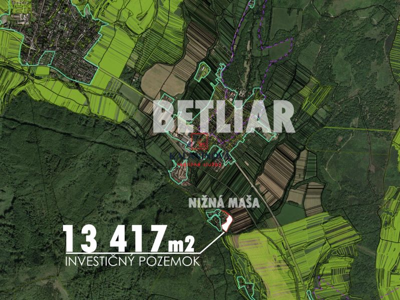 Berzési telek térképe, 13 417 m² területtel Betliarban.
