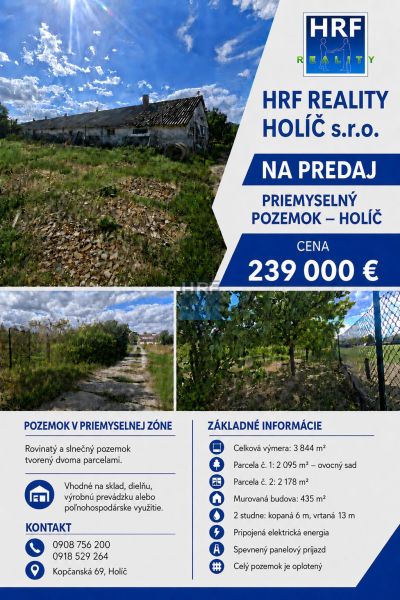 Ipari terület Holíčban épülettel, kerítéssel és megközelítési úttal.