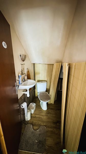 Fürdőszoba WC-vel és mosdóval, fa dekor padlóval, családi ház.