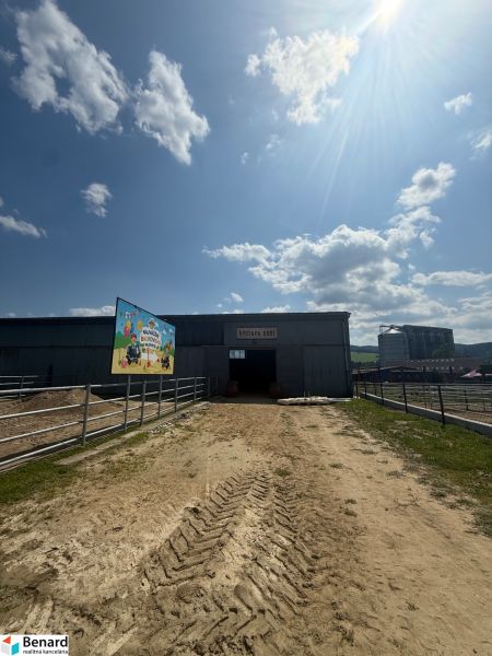 Hniezdnoban egy épület lókiállítási csarnokkal egy napos napon.