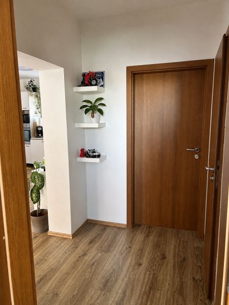 Folyosó egy 3 szobás lakásban, fa dekorációval ellátott ajtókkal és padlóval.