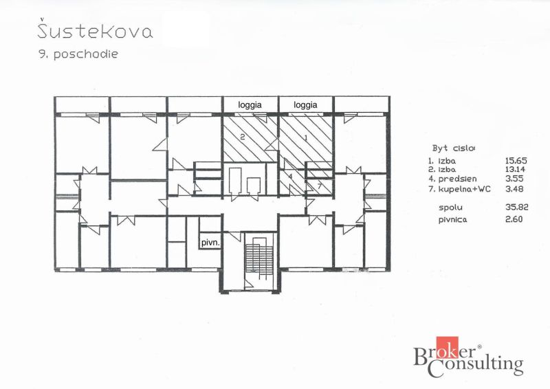 A pozsonyi-Petržalka-i Šustekova garzonlakás alaprajza, 9. emelet, két loggiával.