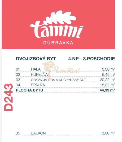 Kétszobás lakás alaprajza Dúbravkában, 44,39 m²-es alapterülettel és erkéllyel.