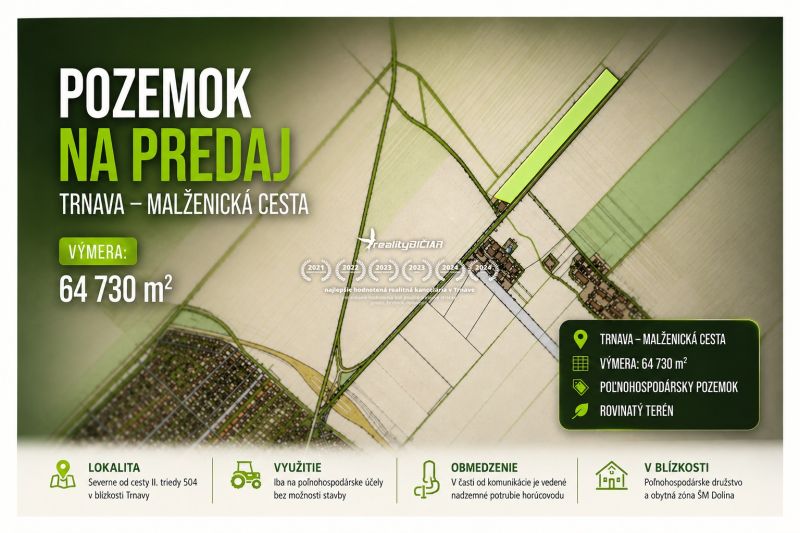 Mezőgazdasági területek eladása a Malženická úton, Nagyszombatban, terület 64 730 m².