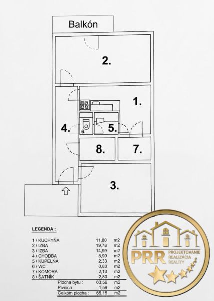 Egy 65,15 m²-es, erkélyes, konyhás és gardróbos 2 szobás lakás alaprajza.