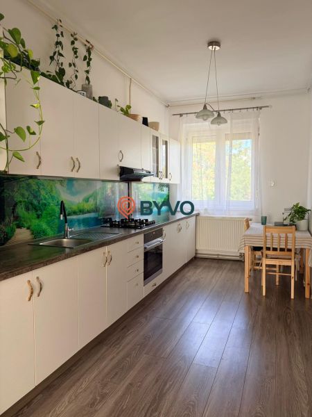 Világos konyha egy kétszobás lakásban, fa dekor padlóval és növényekkel.