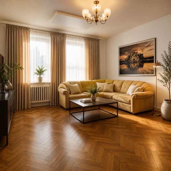 Nappali egy családi házban kényelmes kanapéval és fa dekorációjú padlóval.