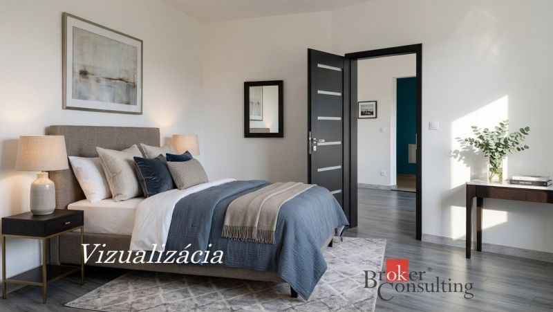 Hálószoba ággyal, szőnyeggel, lámpákkal és fa dekorációjú padlóval egy egyszobás lakásban.