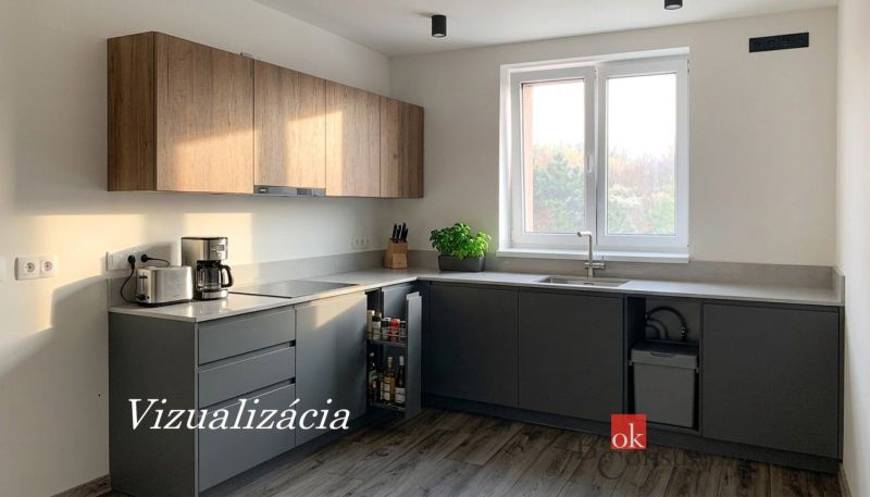 Konyha egy egyszobás lakásban fa dekor padlóval és konyhabútorral.