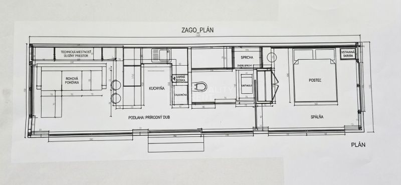 Családi ház alaprajza konyhával, technikai helyiséggel és hálószobával.