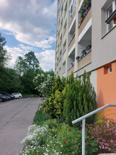 Internát utcai lakóház Besztercebányán, zöldövezettel és parkolóval körülvéve.