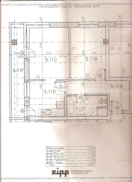 Két szobás lakás alaprajza fürdőszobával és lodžiával Pozsonyban, a Račianske mýto-n.