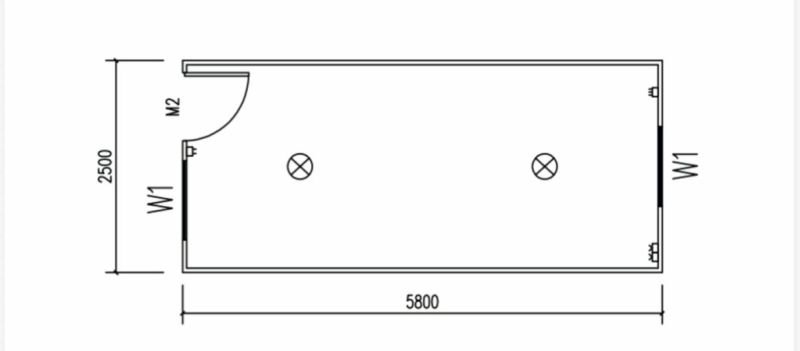 A ház alaprajza 5800x2500 mm-es méretekkel, ajtók és ablakok W1, M2 jelöléssel.