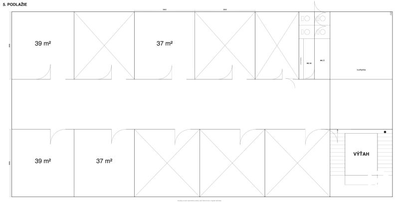 Az ötödik emeleten található irodák alaprajza, amelyek területe 37 és 39 m².