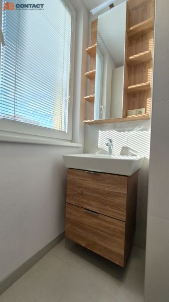 Fürdőszoba mosdóval és fa dekorációjú szekrénnyel az egyszobás lakásban.
