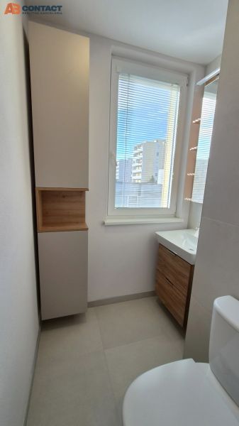 Fürdőszoba egy egyszobás lakásban elegáns szekrénnyel és kilátással az ablakon keresztül.