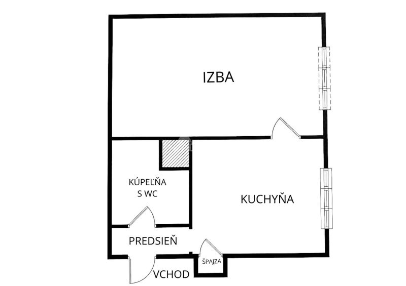 1 szobás lakás alaprajza konyhával, fürdőszobával és előszobával.
