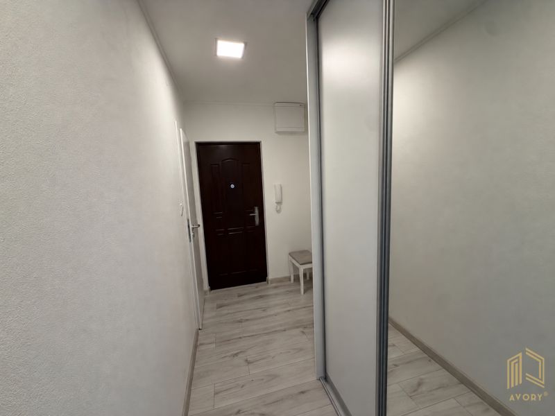 Folyosó egy 2 szobás lakásban fa dekoros padlóval és tükrös szekrénnyel.