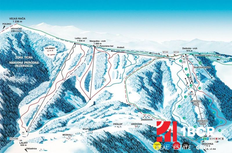 Veľká Rača síterep térképe, Oščadnica, kijelölt sípályákkal és freeride területekkel.