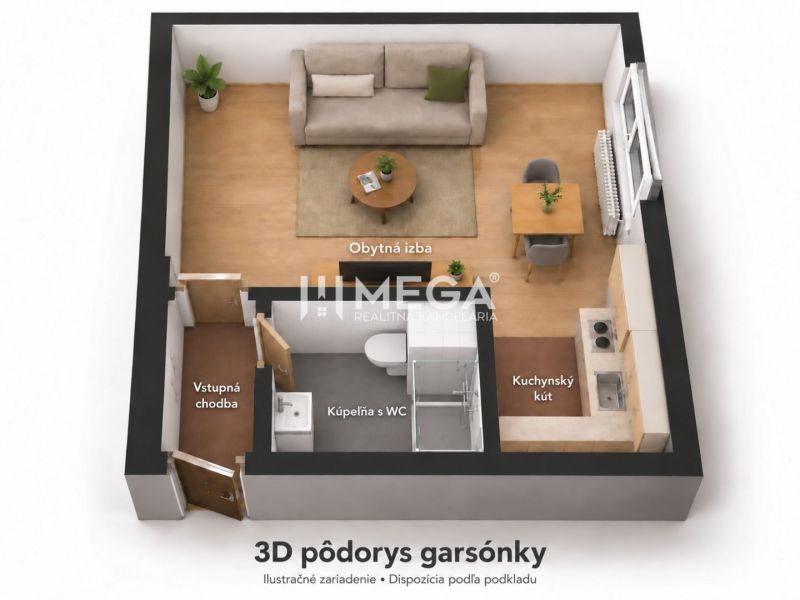 Garzonlakás 3D alaprajza: nappali szoba, konyhasarok, fürdőszoba WC-vel, bejárati folyosó.