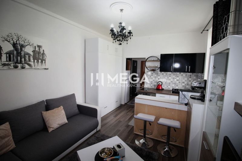 A Rekreačného apartman konyhája pulttal, fa mintás padlóval és szürke kanapéval.