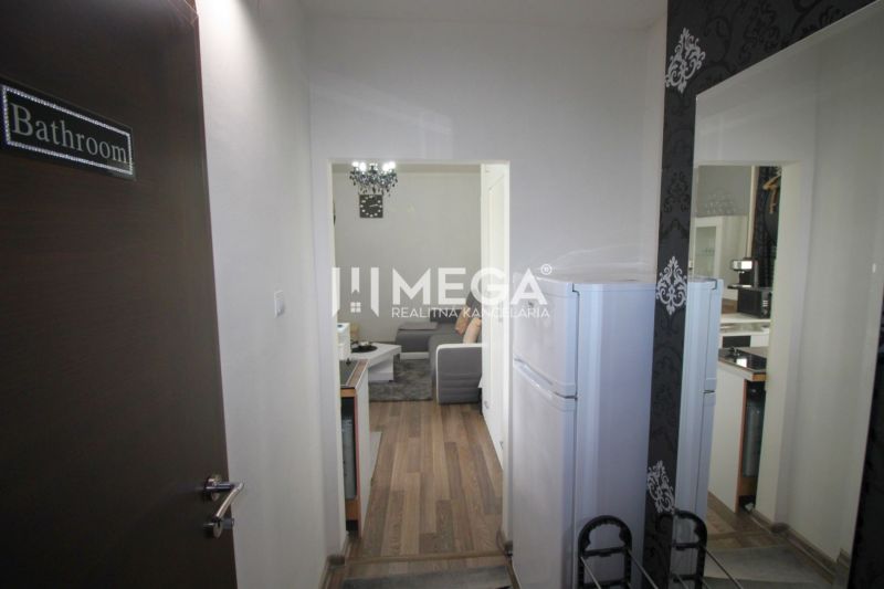 Rekreációs apartman fa dekor padlóval, konyhasarokkal és nappali résszel.