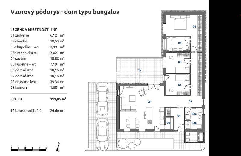 Háromszobás bungaló alaprajza terasszal családi házban.