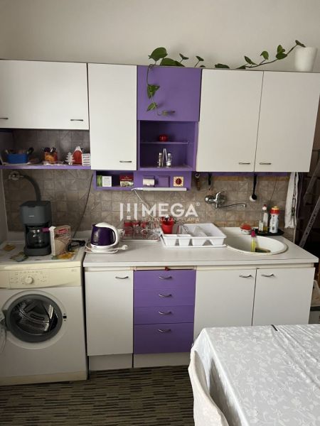 Családi ház konyhája lila és fehér szekrényekkel, kávéfőzővel és mosogatógéppel.