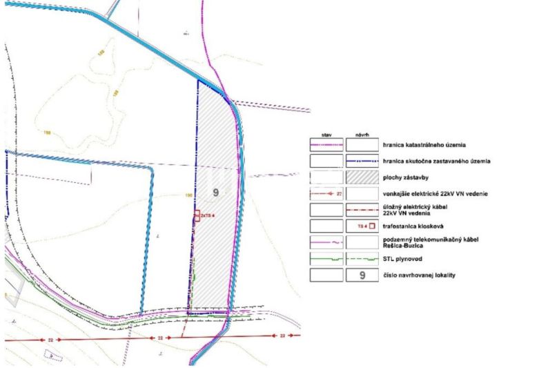 Kataszteri térkép hálózati infrastruktúrával és jelmagyarázattal Resicában, különleges ingatlanok építési területei.