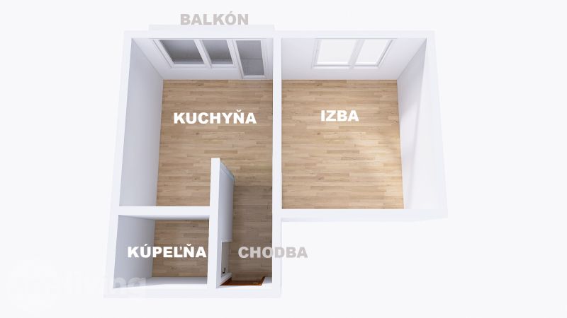 Egyszobás lakás alaprajza konyhával, szobával, fürdőszobával és fa dekorációjú padlóval.
