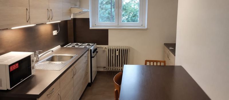 Konyha egy egyszobás lakásban gáztűzhellyel és mikrohullámú sütővel a sötét munkalapon.