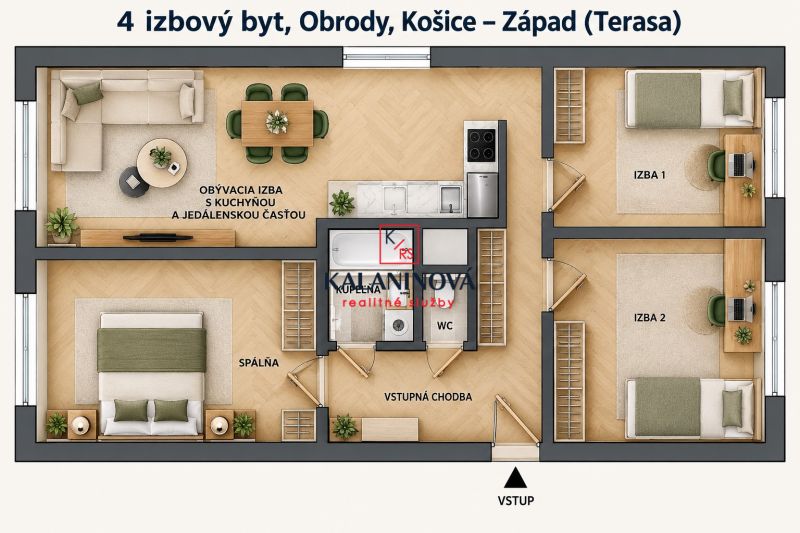 Egy 4 szobás lakás alaprajza fa dekor padlóval magában foglalja a szobákat és a konyhát.