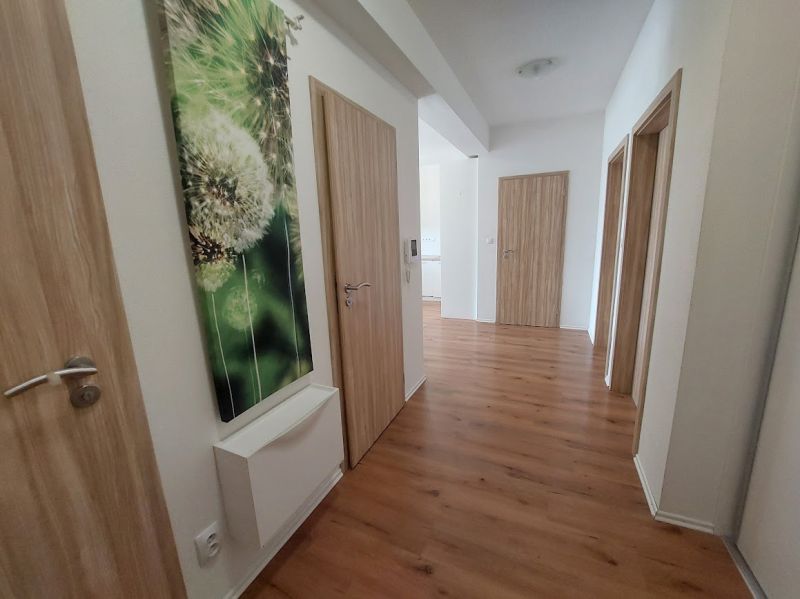 Folyosó egy 3 szobás lakásban, fa dekorációjú padlóval és pitypang képpel.