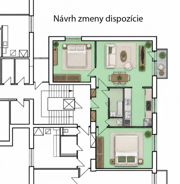 Javaslat a háromszobás lakás elrendezésének megváltoztatására két hálószobával és egy nappalival.