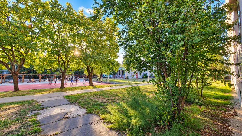 Park zöldterülettel és sétánnyal a sportpálya mellett, a Za hradbami utcában, Pezinokban.
