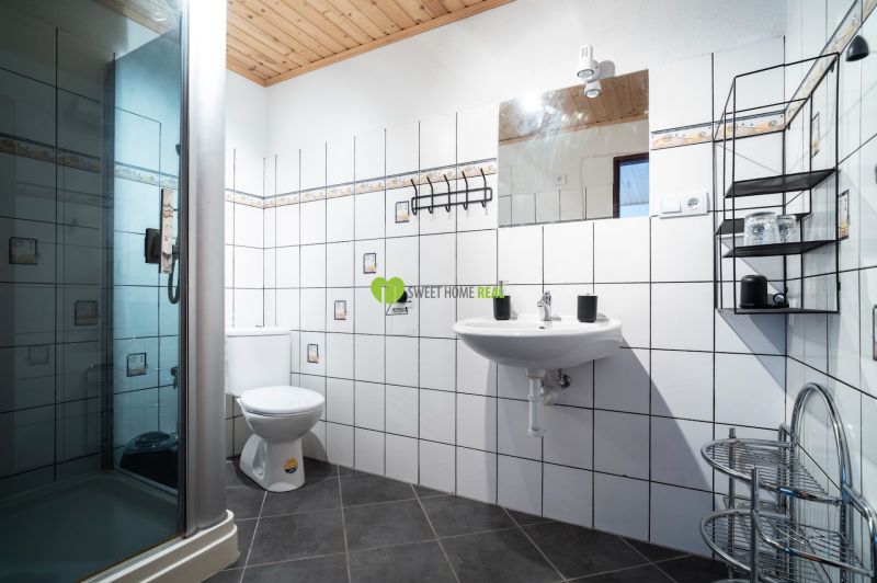 Fürdőszoba WC-vel és zuhanyzóval, szállodák és panziók, dekoratív mintás csempék.