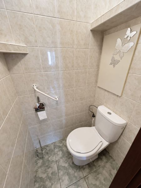 Háromszobás lakás kerámia csempézett, pillangómintás WC-je.