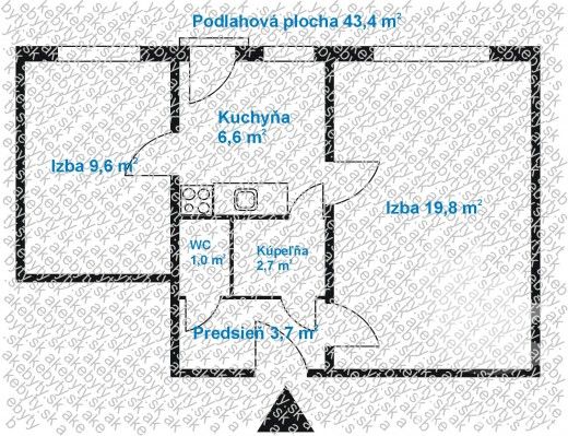Két szobás lakás alaprajza konyhával, fürdőszobával és előszobával, alapterület 43,4 m².