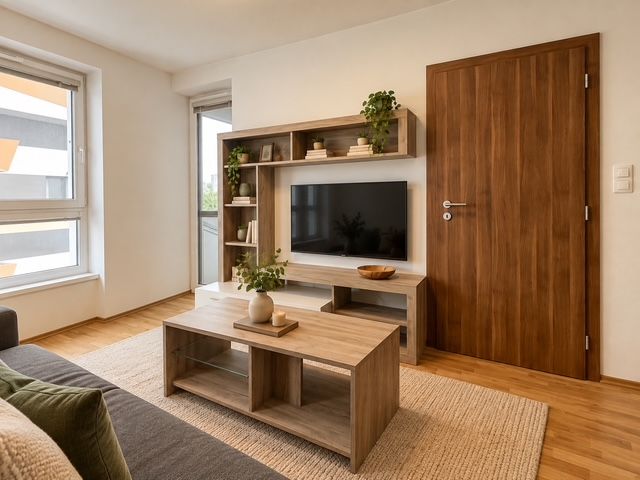 Nappali egy kétszobás lakásban fa dekor padlóval, bútorokkal és televízióval.