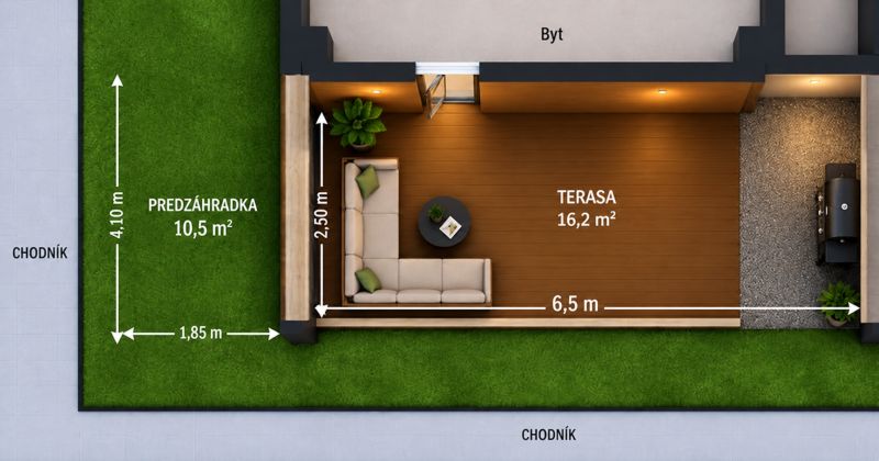 A terasz alaprajza gyepesítéssel és ülőhellyel, 3 szobás lakás, Hrachová, Pozsony - Ružinov.